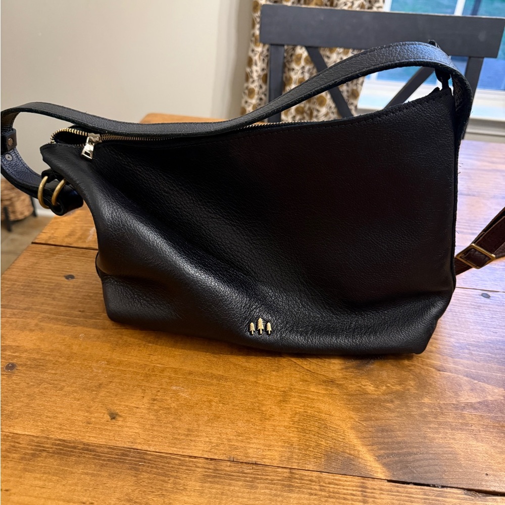 Portland Leather Black Pebbled Shoulder Bag with Gold Accents